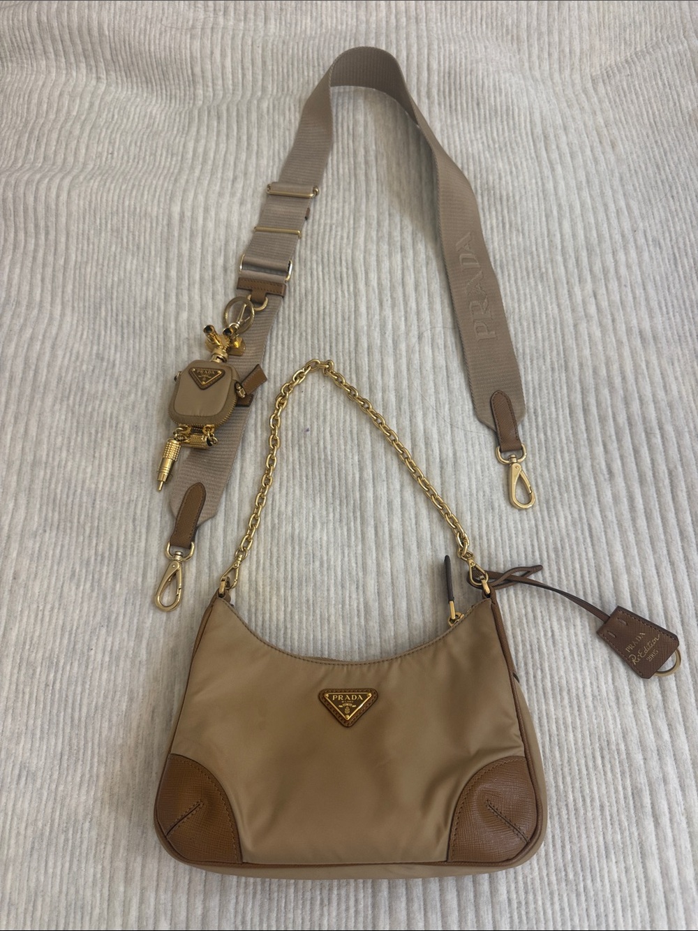 Prada Beige Nylon and Leather Shoulder Bag with Chain robbot
